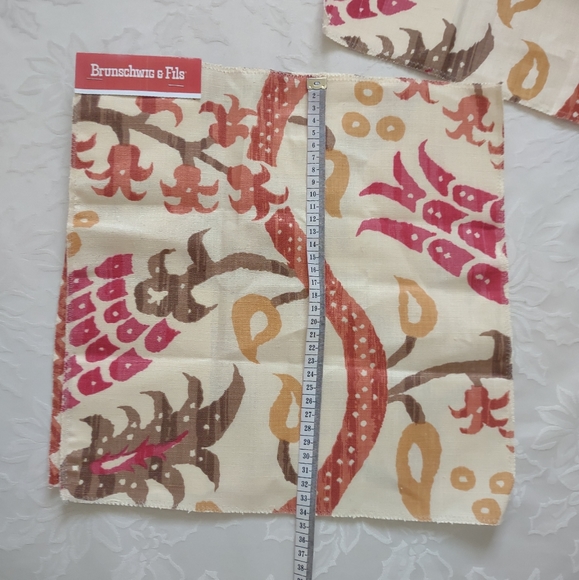 Brunschwig & Fils linen Nisiotiko print grenadine orange spice 3 samples - Picture 6 of 7